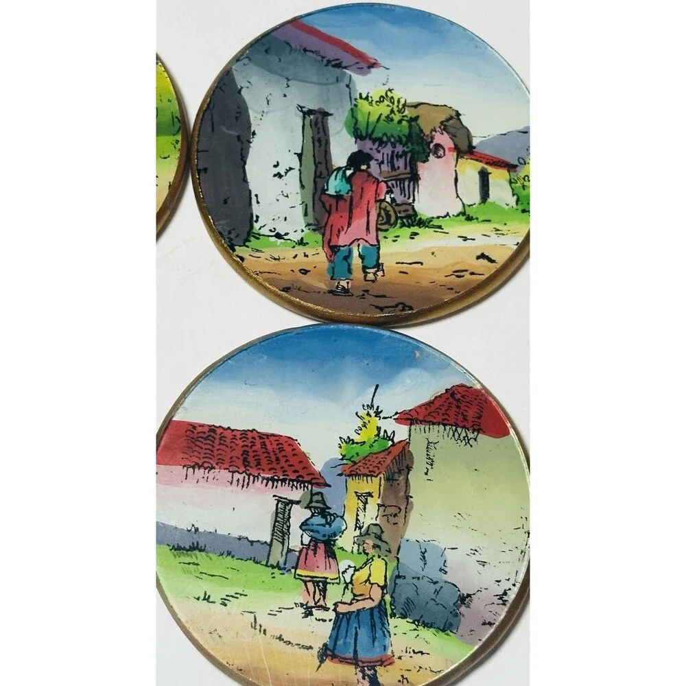 Peru Reverse Painted Glass & Wood Coasters Village Folk Art  Set of 6 w/ Holder
